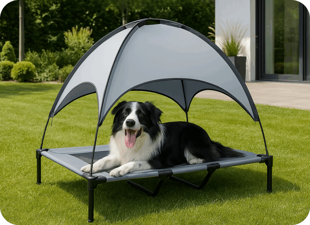 Hond Op Hondenstretcher Met Zonnedak Genieten Van Het Warme Weer